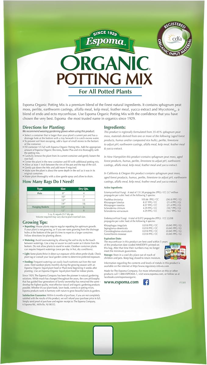Espoma Organic Potting Soil Mix - All Natural Potting Mix for All Indoor & Outdoor Containers Including Herbs & Vegetables. for Organic Gardening, 16 qt. Bag. Pack of 2