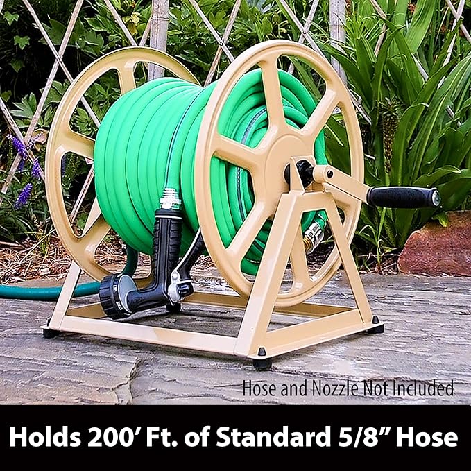 Liberty Garden 709 Steel Wall/Floor Mounted Hose Reel, Holds 200-Feet of 5/8-Inch Hose - Tan, 17.6 x 22 x 15