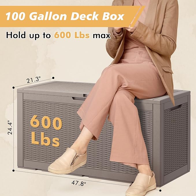 100 Gallon Outdoor Storage Box, Resin Deck Boxes Outdoor Waterproof For Patio Furniture, Garden Tools, Pool Supplies, Lockable And UV Resistant (Rattan Gray)