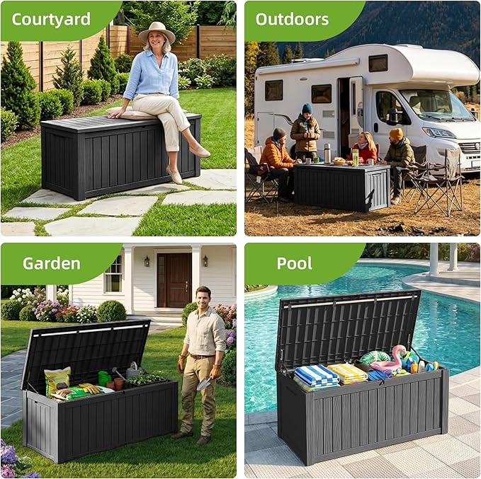 150 Gallon Outdoor Storage Deck Box Waterproof Resin Lockable Outside Bench Porch Patio Furniture Pool Float Garden Tool Cushion UV Resistant Bin Black