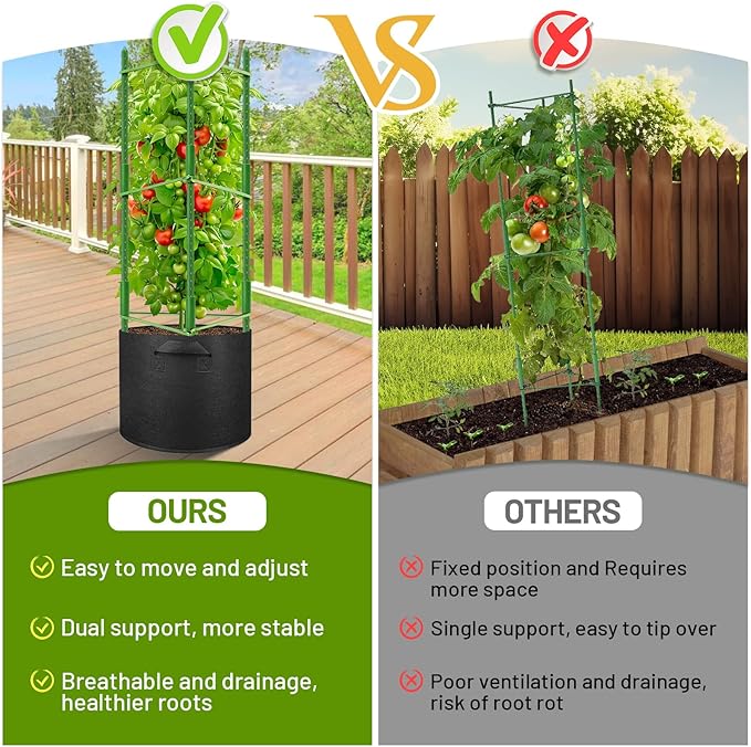 Legigo 2 Pack Tomato Cages with 10 Gallon Grow Bags- 48inch Tomato Trellis Plant Support Stakes Planter, Tomato Plant Cages Garden Trellis for Vertical Climbing Plants Vegetables Flowers Fruits