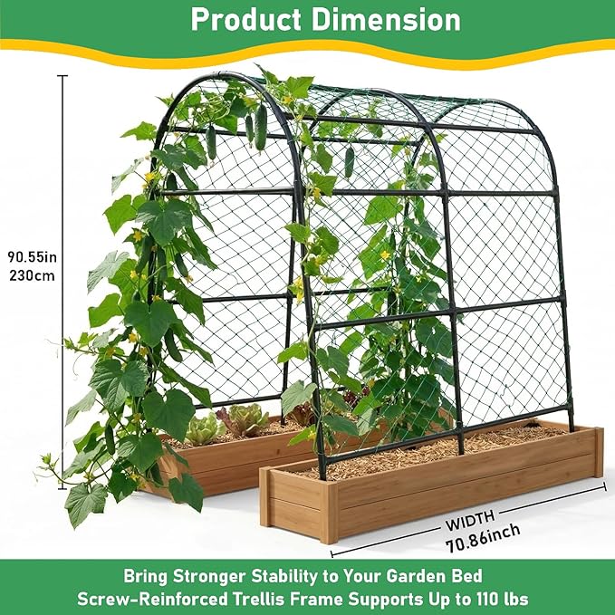 Large Garden Arch Trellis for Pumpkins, Extra Tall Heavy Duty Plant Trellis with Thick Plastic-Coated Steel Tubes, Easy-Connect Assembly, Includes Net, Ties & Gloves for Outdoor Vegetable Gardens