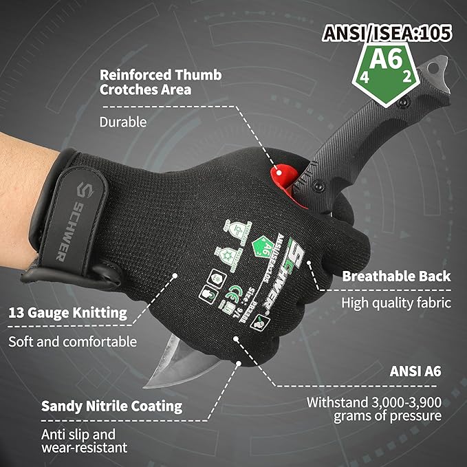Schwer FreezeGuard Winter Work Gloves for Men and Women, ANSI A6 Cut Resistant Gloves With Super Grip, Freezer Glove for Work, Touchscreen, Thermal Insulated, PR3388, Black Knight (L, 1 Pair)