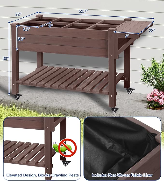 Raised Garden Bed Outdoor with Wheels, 52.7" Elevated Wooden Garden Bed with 8 Planter Boxes, Removable Dividers, Storage Shelf, Standing Mobile Planter with Non-Woven Liner