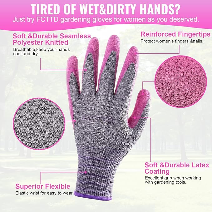 Gardening Gloves for Women 3 Pairs, Garden Gloves for Pruning Flower Rose, Weeding, Digging, Raking, Flower gloves with Rubber coating (Small, Pink)