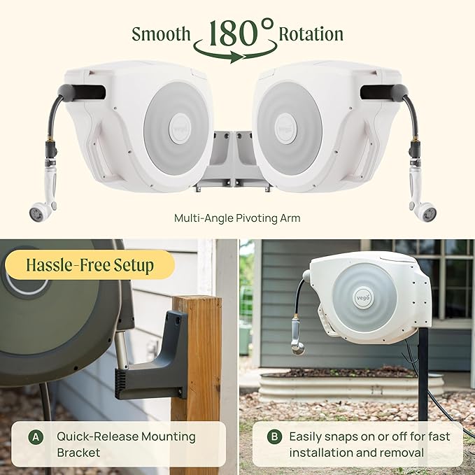 Vego Garden Hose Reel Retractable Hi-Flow Wall Mounted Hose Reel Automatic Rewind, Any Length Lock with 9 Patterns Sprayer Nozzle, Quick Connector and Adjustable shot Nozzle (Cloud White, 100ft)