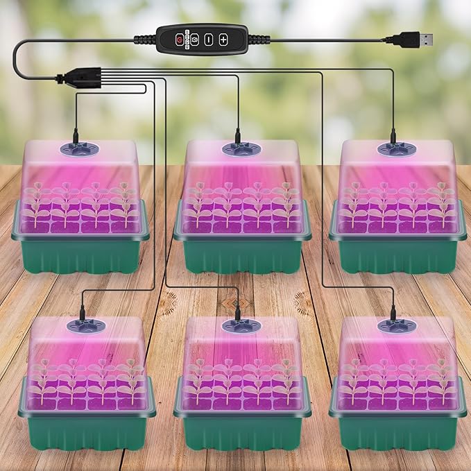 Seed Starter Kit with Grow Light, Flantor 72-Cell (6 Pack) Seed Starter Kit with Full Spectrum Grow Light, Auto Timer & Adjustable Brightness, 12-Cell Trays, Humidity Domes and 30 Plant Labels