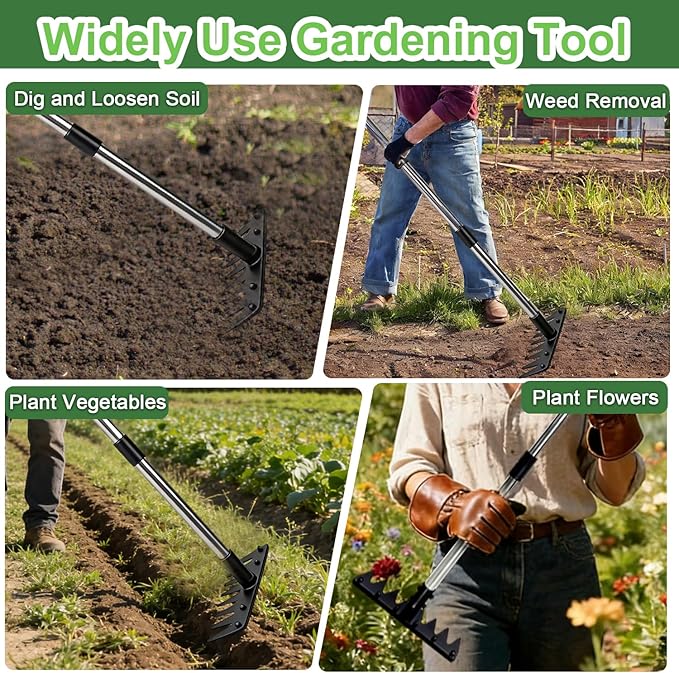 Weed Puller Tool Stainless Steel 8 Tines Manual Weeder Tool with Adjustable Length Handle, Weeder Rakes for for Yard, Patio, Lawn and Garden