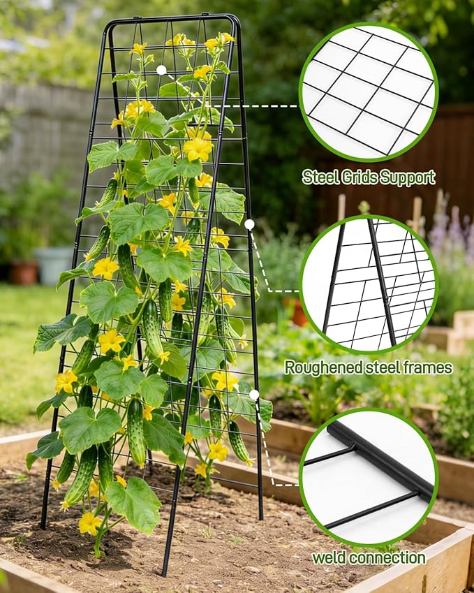 2 Pcs 60"x16.2" Heavy Duty Steel A-Frame Garden Trellis for Climbing Plants – Rust-Proof Metal Trellis with Hardware Cloth, Perfect for Raised Beds,Cucumbers,Tomatoes & Outdoor Vines (Black)