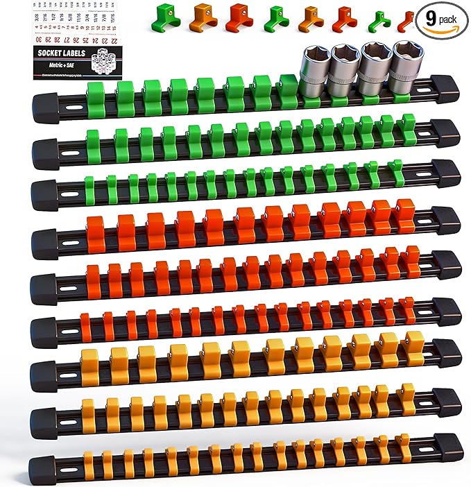 SWANLAKE Organizer Socket Holder, 9PCS 1/4-Inch x 48 Clips, 3/8-Inch x 45 Clips, 1/2-Inch x 36 Clips, Premium Quality Socket Clip Rail Holder