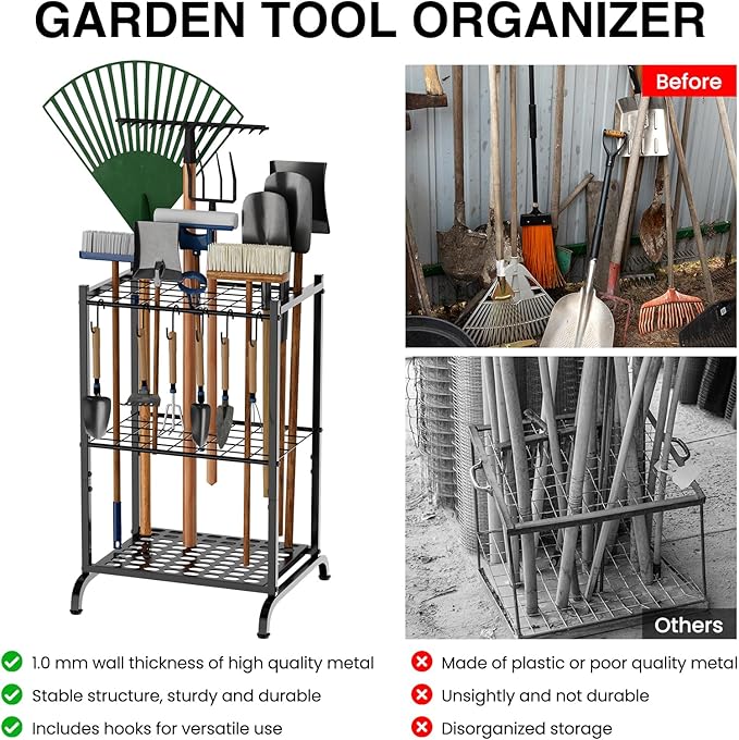 Garden Tool Organizer with Storage Hooks, Yard Tool Tower Rack for Garage Organization and Storage, Up to 35 Long-Handled Tools, Metal Tool Holder with 6 Hooks, Black