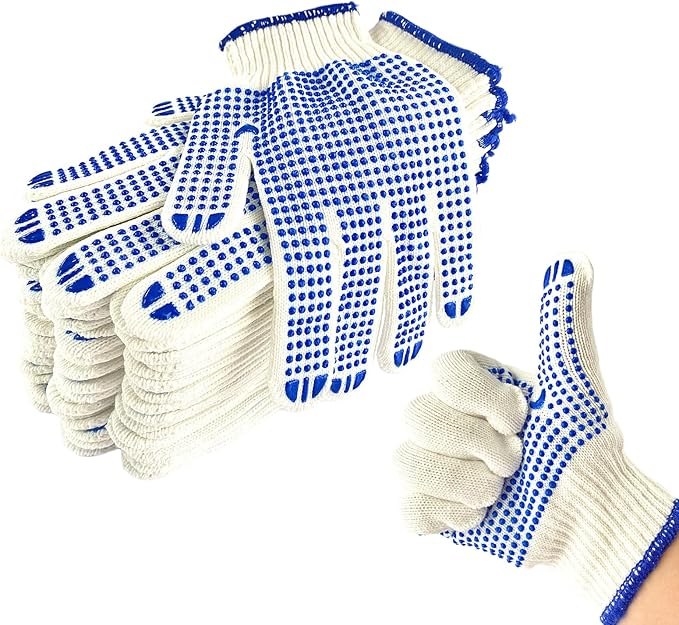 12 Pairs Cotton Work Gloves for Men Women,Hardy Cloth Moving Gloves with Grip,String Knit Gloves Bulk for Garage Warehouse