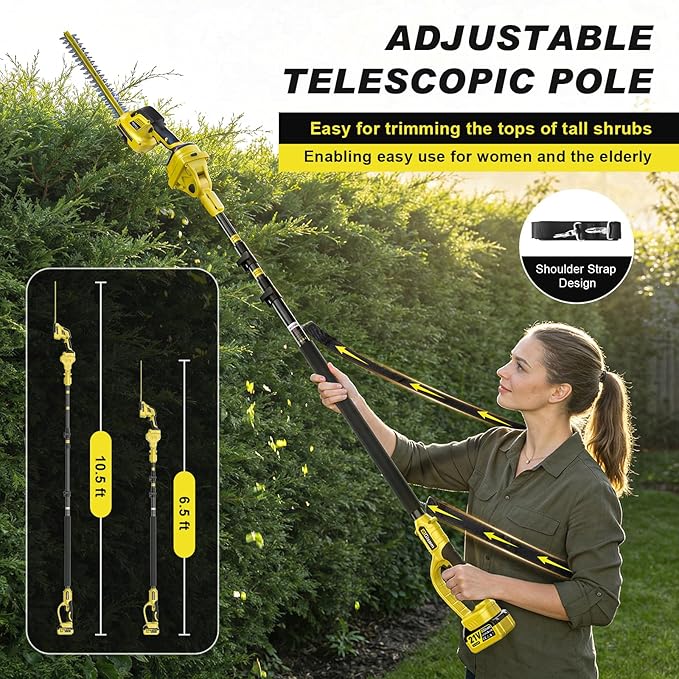 6-in-1 Cordless Pole Saw & Hedge Trimmer Combo & Grass Shear with Extension Pole Garden Tool with 2 * 4.0Ah Battery,180°Adjustable Angle,16Ft Reach,for Shrubs Pruning