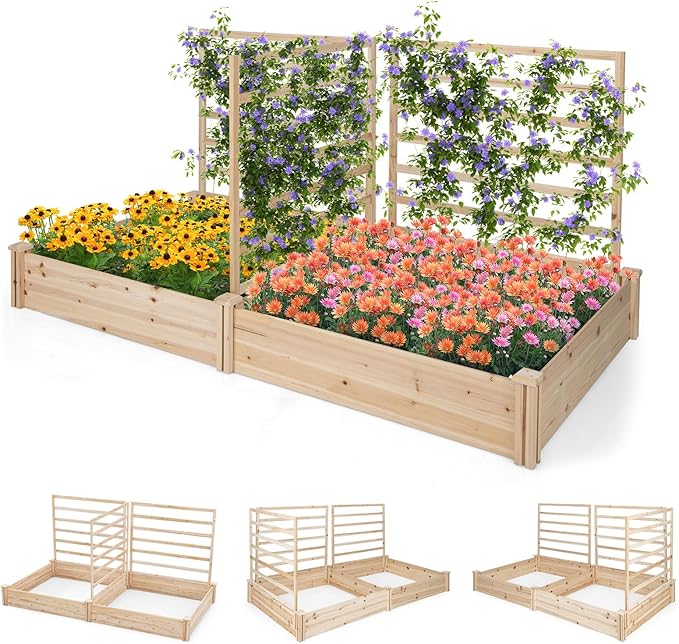 Raised Garden Bed with 3 Trellises, 2 Large Wooden Planter Boxes with Trellis for Vine Climbing Plants Flowers, Modular Design for Outdoor Garden Patio Backyard, 88"L x 45"W x 43"H, Natural