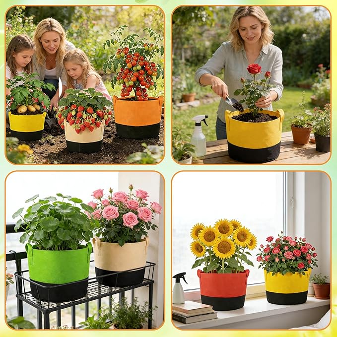 18 Pack Grow Bags, Heavy Duty Fabric Pots Nonwoven Potato Grow Bags with Sturdy Handles & Reinforced Stitching, Breathable Vegetable Flower Plant Growing Containers (5/7/10 Gallon)