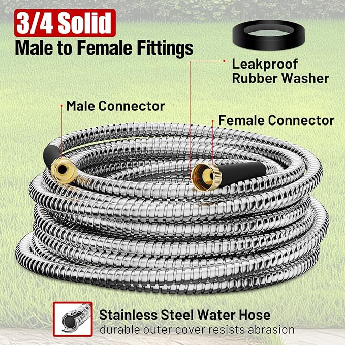 Garden Hose 25 ft, Stainless Steel Metal Water Hose with Nozzle, Flexible and Durable, Rust Proof, No-Kink, Heavy Duty, Leakproof 3/4'' Brass Fittings, Lightweight Hose for Patio, Lawn