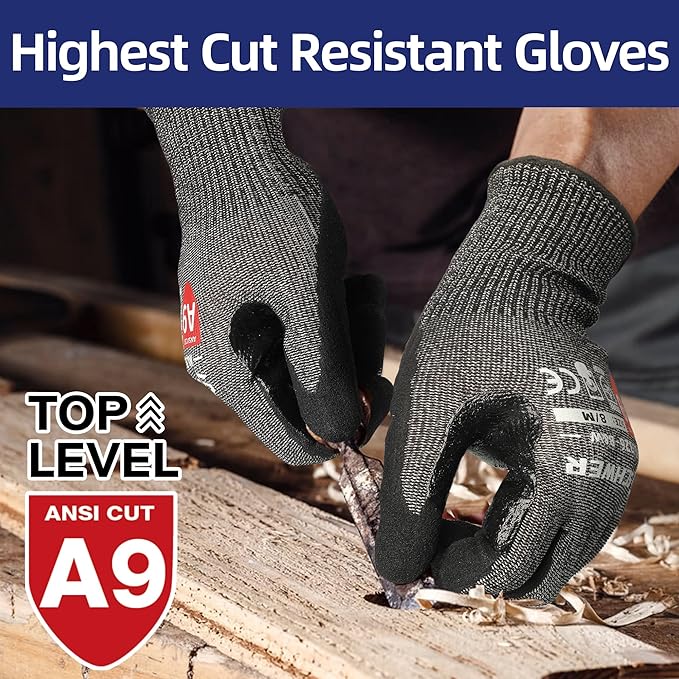 Schwer ProGuard High Level Cut Resistant Work Gloves PR3326 for Extreme Protection，ANSI A9 Cut Gloves with Reinforced Thumb, Non Slip, Breathable, Durable, Touch-screen,12 Pairs, Black (S)