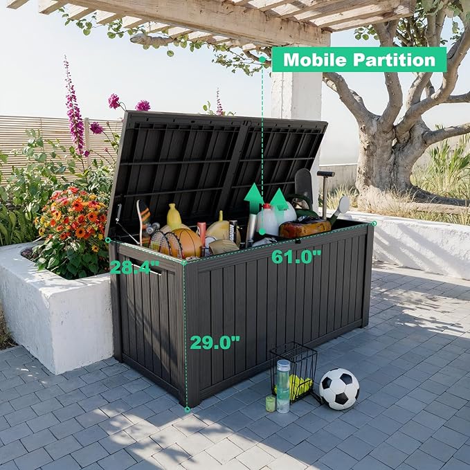 ROJIK 200 Gallon Waterproof Outdoor Deck Storage Box, Lockable Resin Patio Storage Bin with Lid for Garden Tools, Patio Cushions & Outdoor Accessories(Black)
