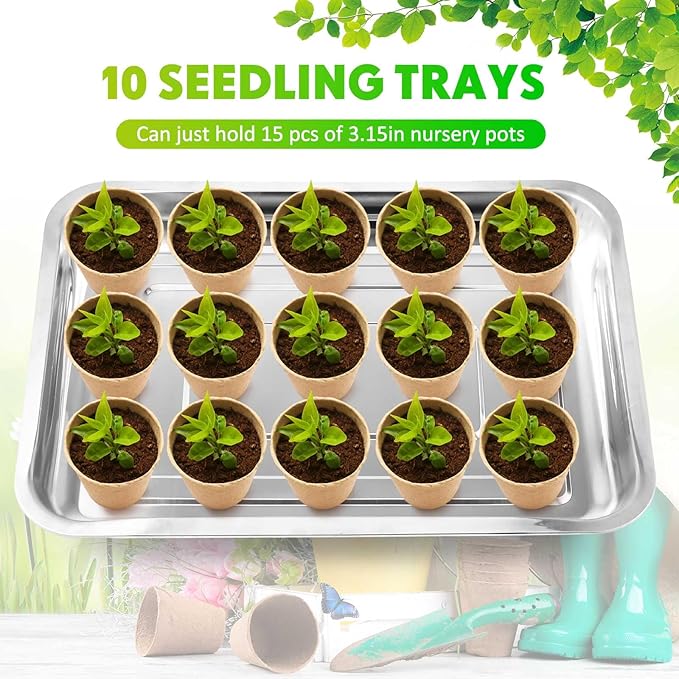 10 Pcs Stainless Steel Seed Starter Tray, Stainless Metal Garden Trays, Nursery Seedling Pots for Collection Transplantation & Propagation Flats, No Drain Holes(15.8 x 11.8 x 1.4 Inch)