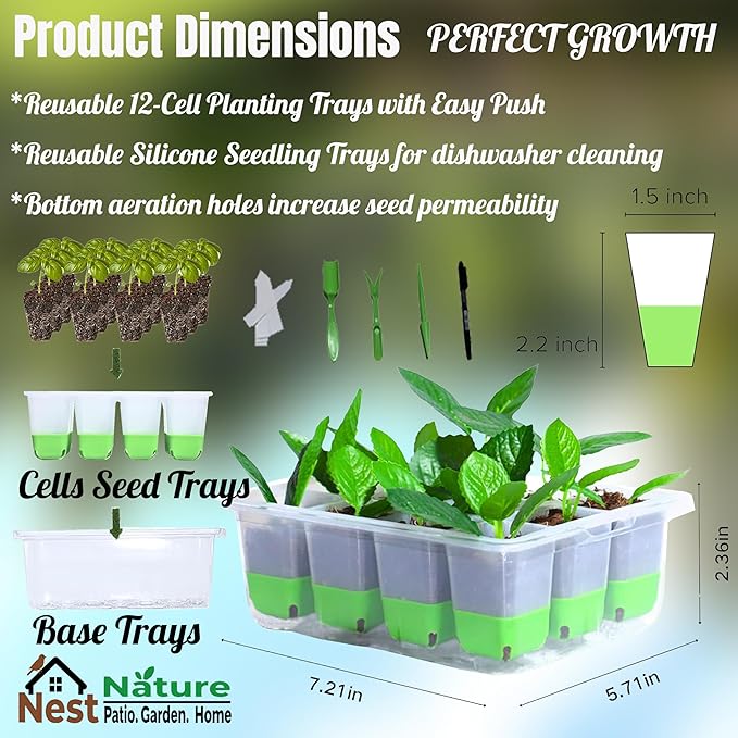 Reusable 60Cell Seed Starter Trays with Easy Push-Out Design, 5Pack Reusable Silicone Seed Starter Kit,Foldable Design for Easy Transplanting,Indoor Gardening Supplies for Vegetables, Flowers & Herbs