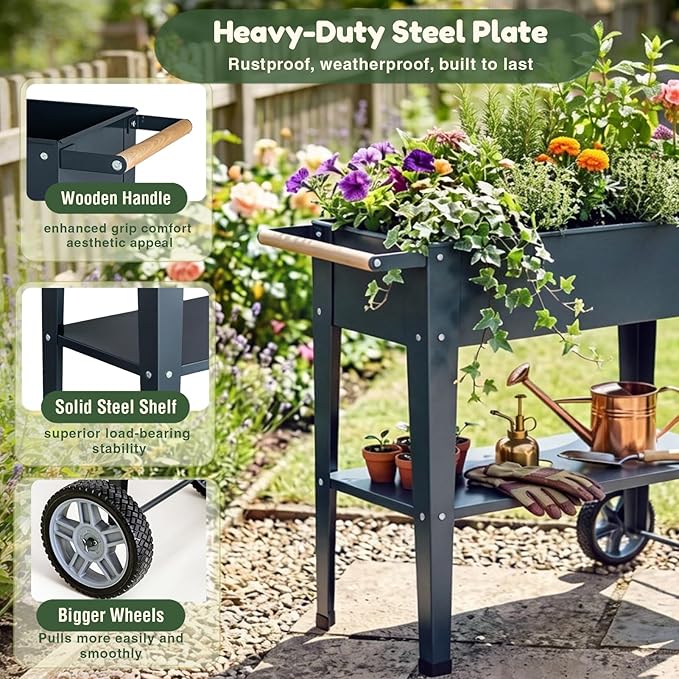 Raised Garden Bed Outdoor with Wheels, Leg and Wooden Handle, 29.5x13.4x32.3in, 350lb Cap, Metal Elevated Raised Planter Box for Herb, Vegetable, Perfect for Backyard, Balcony, Light Black