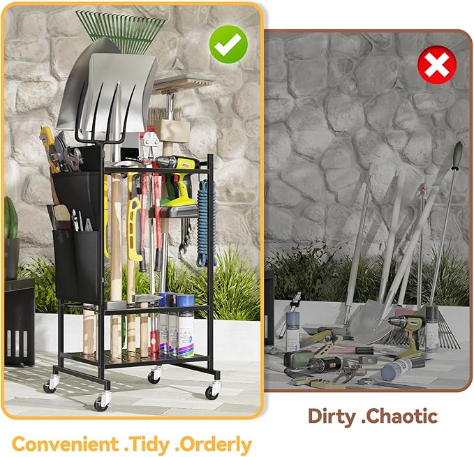 Garden Tool Organizer with Pockets, Rolling Yard Tool Storage Rack with 2 Hooks and Lockable wheels, Black