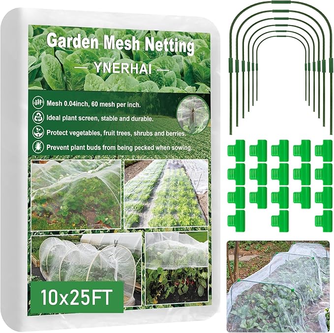 Garden Mesh Netting Kit, 10 * 25FT Ultra Fine Plant Netting Mesh Covers，Row Cover Net Protection for Tree Fruit Barrier Vegetable Fruits Flowers Shrubs Plant Covers Net