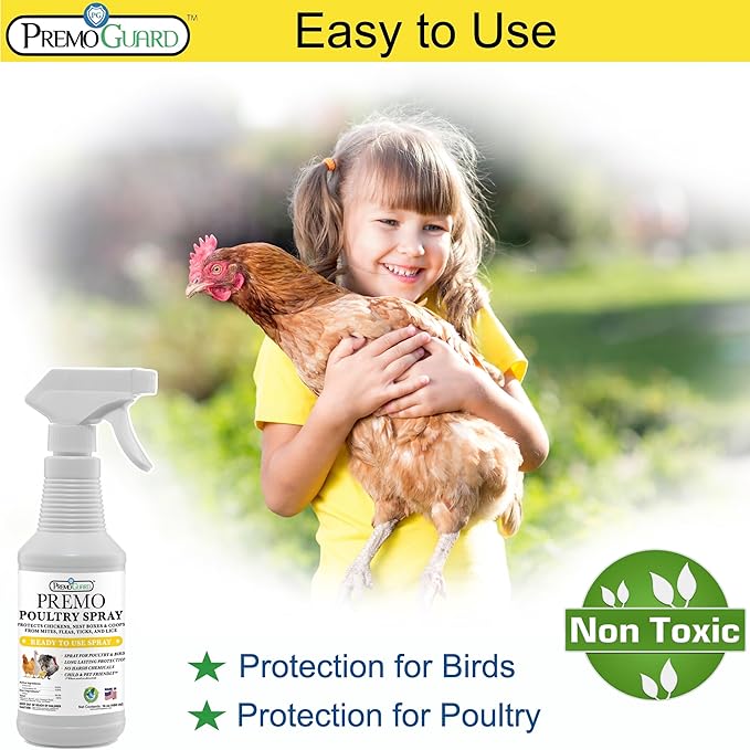 Premo Guard Poultry Spray - 16 oz - Kill Scaly Leg, Mites, Fleas, Lice, & Other Pest on Chickens and in Coops - Natural Plant Based Oils for Control, & Prevention - Family Safe with No Egg Withdrawl