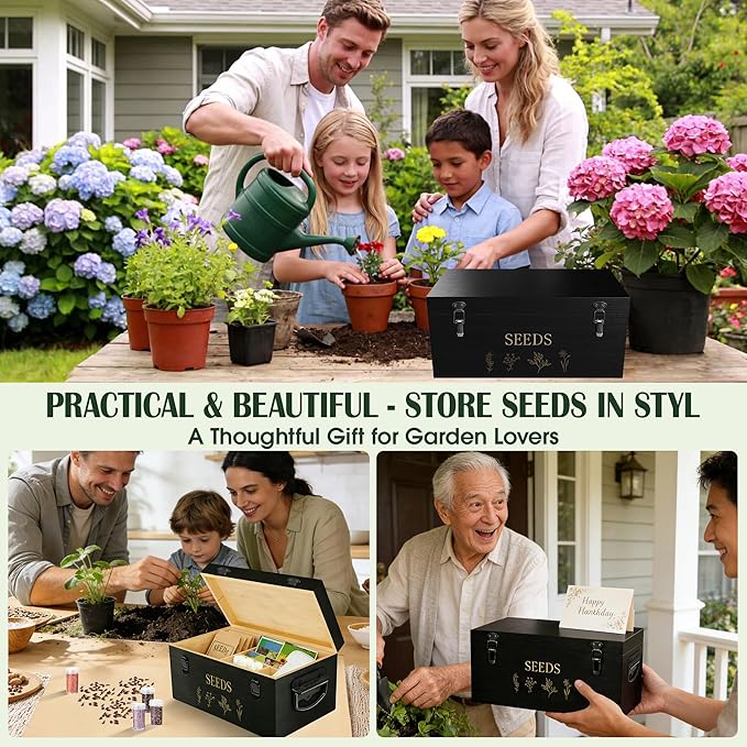 Bamboo Seed Storage Organizer, Large Garden Seed Organizer with Lid & Safety Lock & Handles, Seed Box Includes Seed Envelopes and Labels etc, Great Gifts Gardening Kit (Black)