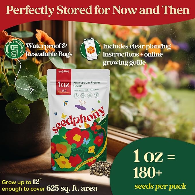 Nasturtium Seeds Pack 1 oz Non-GMO Heirloom Nasturtium Seeds for Planting, Perennial Flowers in Waterproof Seed Packet, Wildflower Seeds for Planting Garden Indoor & Outdoor Gardening