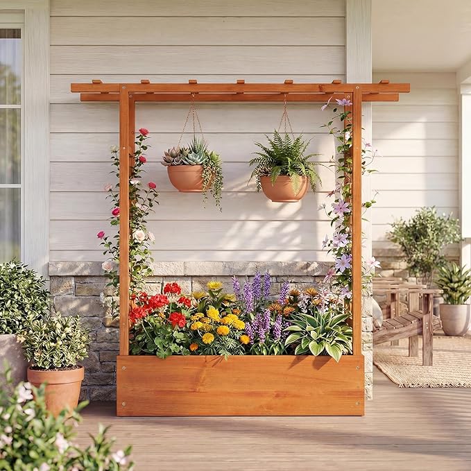 Raised Garden Bed with Trellis, Wood Planter Box w/Trellis, Hanging Roof, Drainage Holes, Freestanding Planter Raised Bed for Outdoor Climbing Plants Flowers, Patio Yard Balcony (1, Orange)
