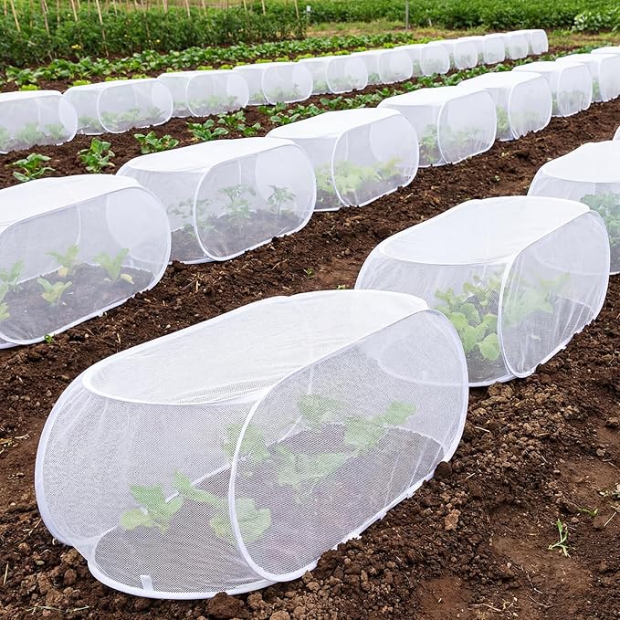 4 Pcs 39" x 18" x 16" Pop up Garden Rows Plants Cover Vegetable Mesh Plant Protector Net Cage Guard with Ground Nails for Protecting Vegetable Fruit Seedling from Animal (White)