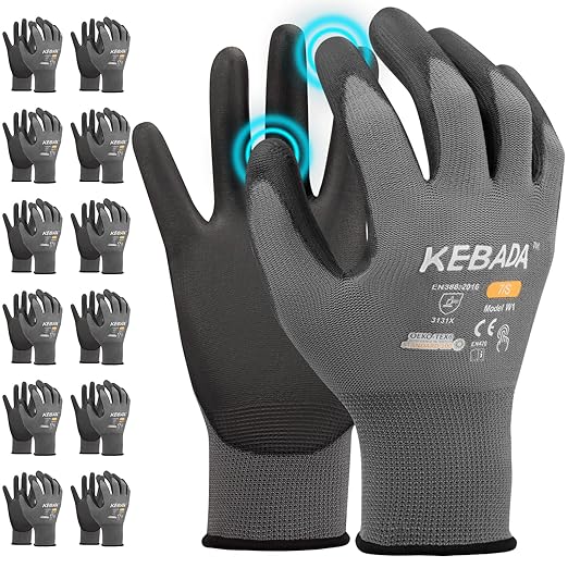 Kebada W1 Work Gloves for Men and Women, PU Coated Safety Gloves with Grip, Touchscreen, Ideal for Warehouse Package Handling, Construction, Gardening, Grey XS