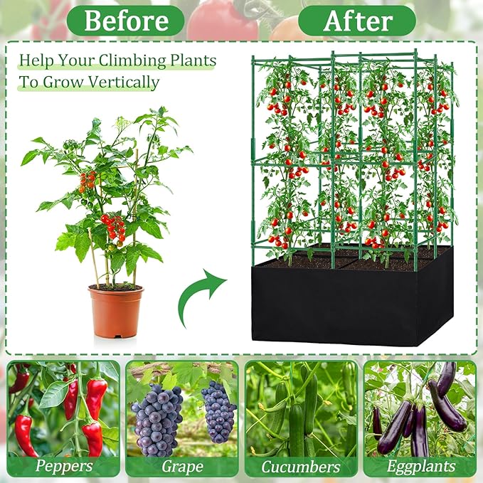 Tomato Cages, Square Tomato Plant Stakes Support Cages Trellis for Garden Climbing Cucumber, Vegetables, Flowers, Fruits with 30 Gallon Grow Bags
