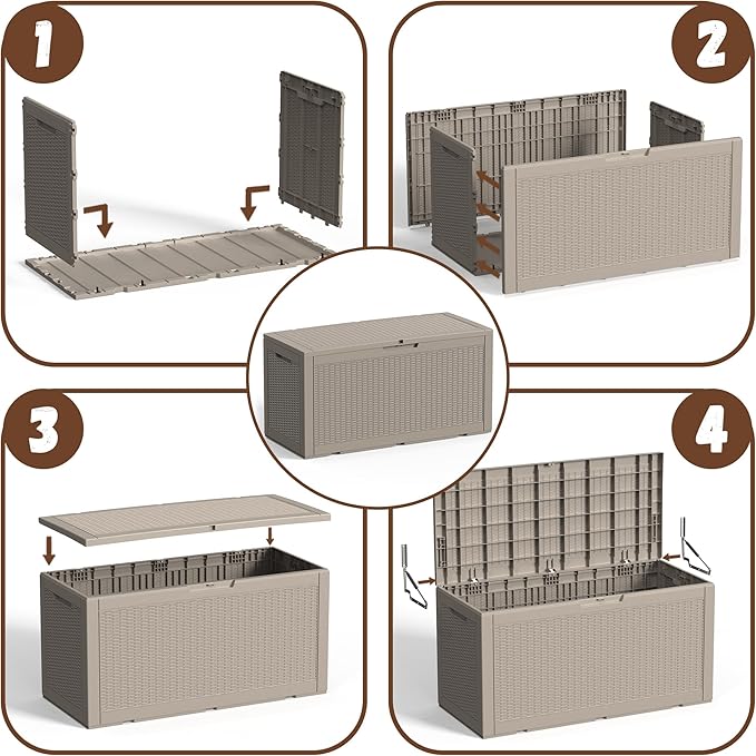 EFU Outdoor Storage Box 100 Gallon Deck Box Resin Outdoor Toy Storage With Lockable Lid, Hydraulic Struts, Rattan Style Package Delivery Boxes for Outside Patio Yard Garden (Light brown)