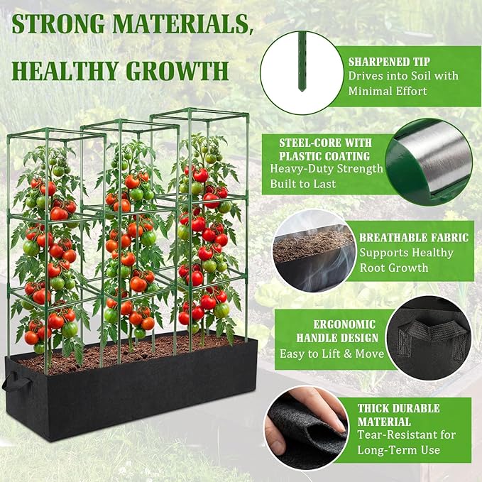 BobbleT Tomato Cages with Fabric Raised Garden Bed - 3 Pack 41" Adjustable Heavy Duty Square Trellis Supports with 86 Gallon Grow Bag, Reusable Outdoor Planter Kit for Tomatoes & Climbing Plants