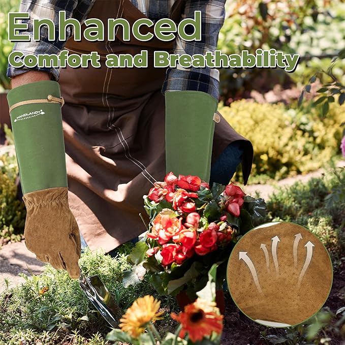 HANDLANDY Long Gardening Gloves for Men Women, Thorn Proof Rose Pruning Leather Garden Yard Gauntlet Glove, Gardening Gifts