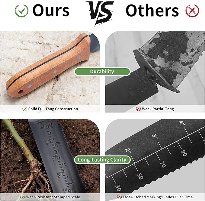 YANG Hori Hori Garden Knife, 7" Stainless Steel Gardening Knife with Oxford Cloth Sheath, Full Tang Beechwood Handle Garden Tool for Dividing Plants & Weeding, Forked Tip for Transplanting