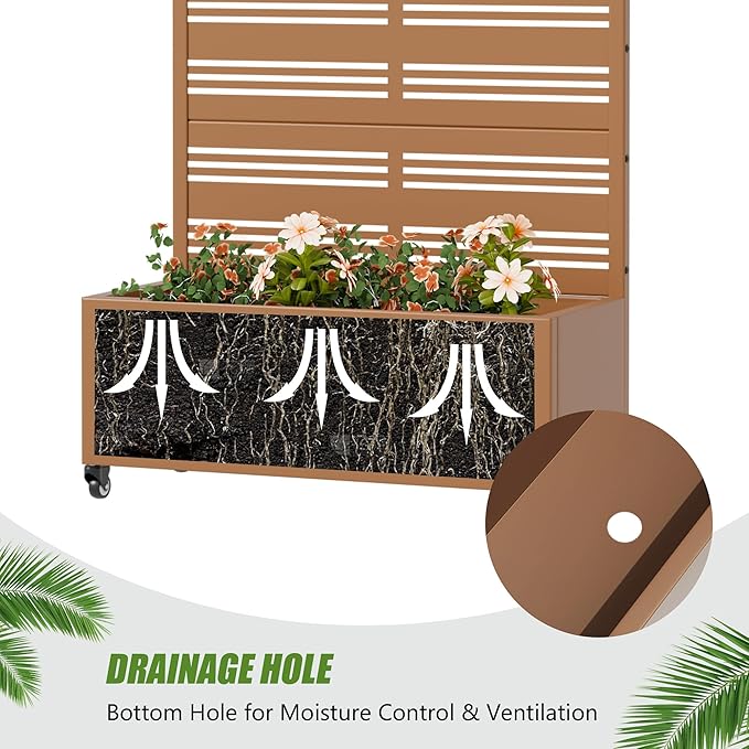 Casaphoria Metal Raised Garden Bed with Trellis and Wheels, 72"x35"x16" Planter Box for Climbing Plants, Vegetables & Vines, Features Drainage Holes and Privacy Screen, Brown-Harold