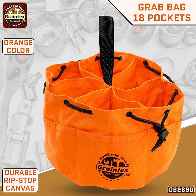 Graintex 18 Pockets Grab Bag Rip-stop Canvas Drawstring Closure, Small Part Organizer Pouch, Small Tools, Screws, Parts, Parachute Tool Bag for Efficient Storage - Orange
