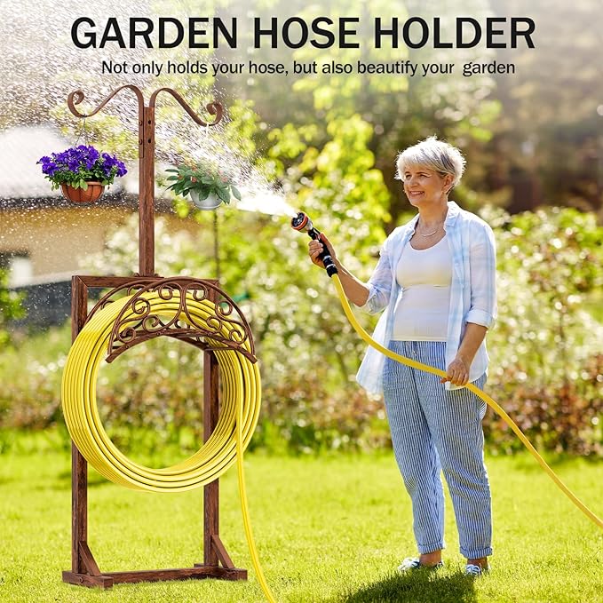 Garden Hose Holder - Upgraded Water Hose Holders for Outside with 5 Spikes & 2 Shepherds Hooks, Freestanding Hose Stand Hose Hanger Hose Storage Hose Reel Rack for Yard Lawn(Antique Bronze)