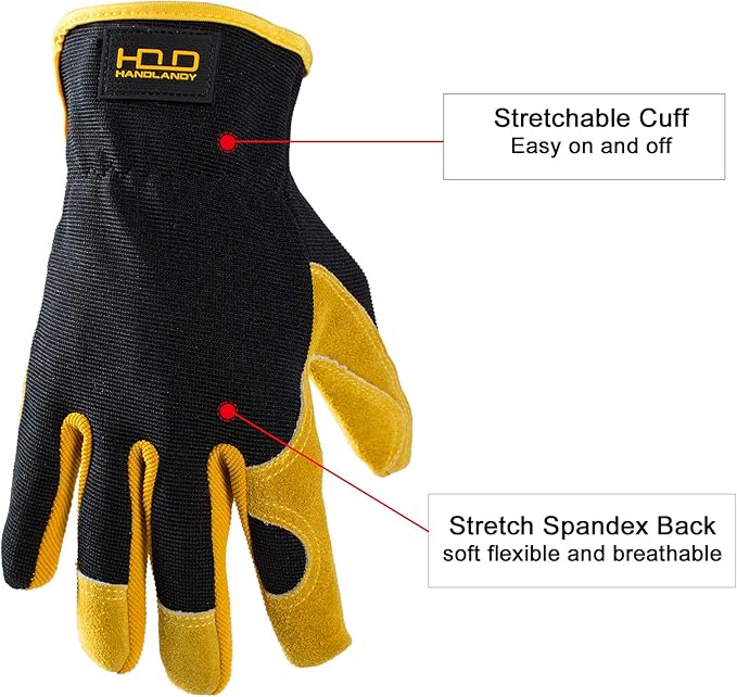 HLDD HANDLANDY Men Leather Gardening Gloves, Utility Work Gloves for Gardening, Yardwork, Construction, Mechanics