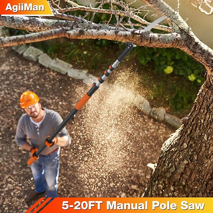 AgiiMan 18FT Reach Pole Saws for Tree Trimming, Pole Saw with 3-12FT Telescoping Extension Pole, Pruning Saw with 19" 3X Detachable Saw, Non-Slip Handle, Tree Trimmer for Garden Palms Shrubs