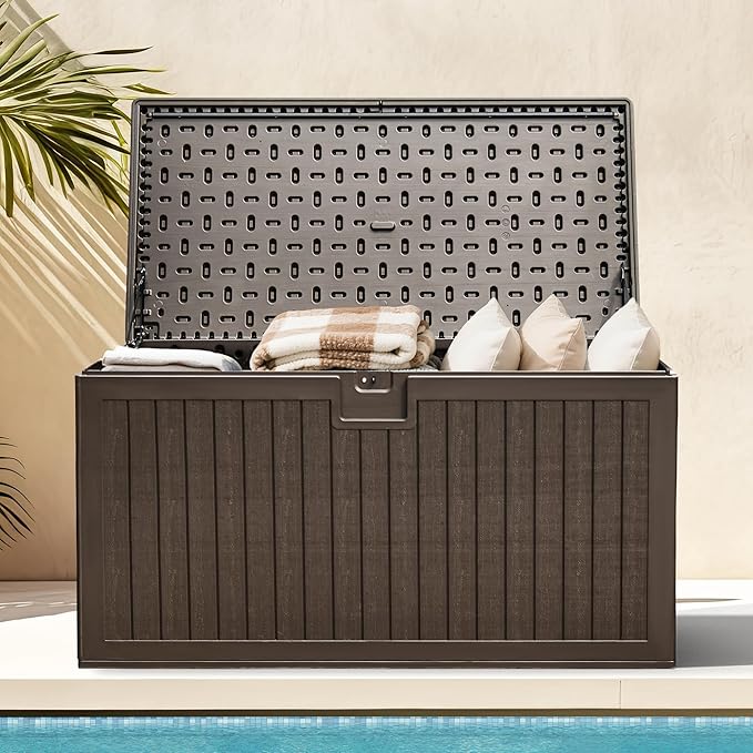 DWVO 230 Gallon Resin Outdoor Storage Box, XXL Double-Wall Waterproof Deck Box with Divider, Doubles as Table or Seating with 1000 lbs Capacity, Lockable (Brown)