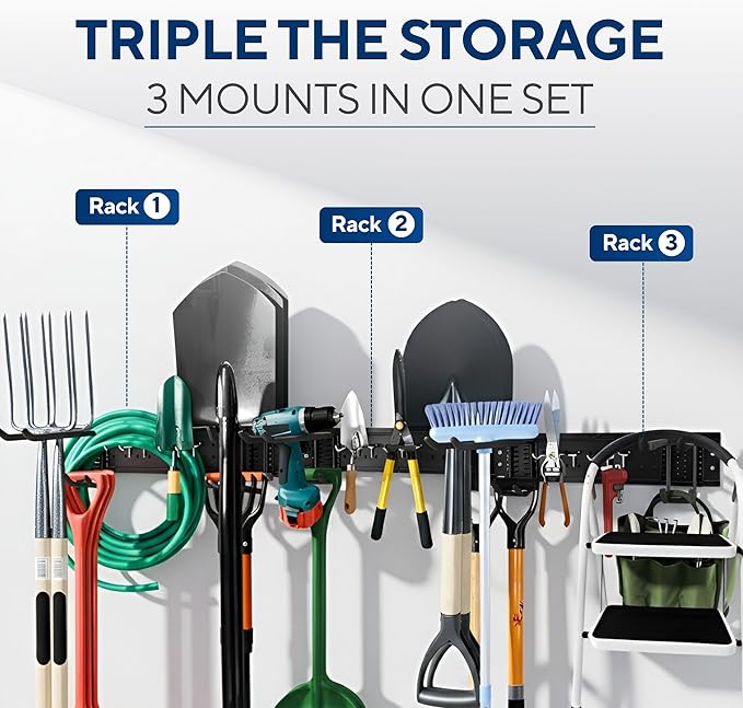 Heavy-Duty Wall Mount Garden Tool Organizer Rack, Black Metal, Multi-Hook Storage System