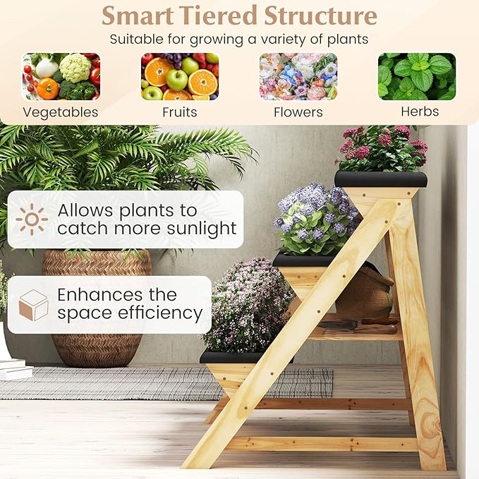 3-Tier Raised Garden Bed, Vertical Garden Planter w/Storage Shelf, Bed Liner & 2 Side Hooks, Wood Elevated Planter Box Outdoor for Plants Vegetables Flowers Herbs,Natural (46" x 29" x 31.5")