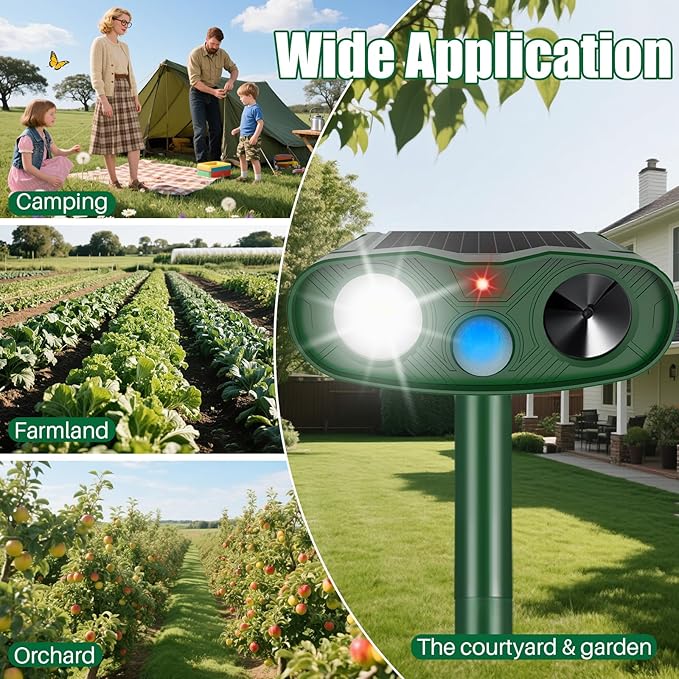 2 Pack Ultrasonic Animal Repellent Outdoor, Solar Deer Repellent Motion Sensor Cat Squirrel Rabbit Repeller, Waterproof Dog Raccoon Deterrent with LED Strobe Flash Lights
