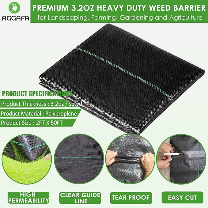 (2ft x 50ft 100% Virgin Material. Premium Heavy Duty Weed Barrier Fabric for Landscaping, Farming, Gardening and Agriculture. Durable Woven Landscape Fabric