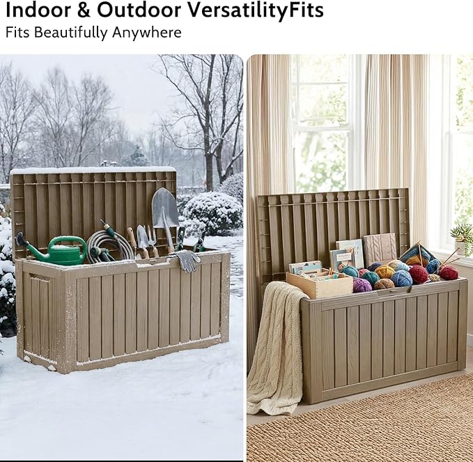 90 Gallon Deck Box Outdoor Storage Box Waterproof for Patio Furniture,Outdoor Cushions,Garden Tools and Pool Supplies,Lockable, Resin and Easy to Install Grey