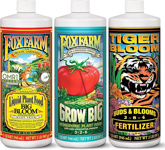 FoxFarm Hydro Liquid Trio Pack - Big Bloom, Grow Big, Tiger Bloom Fertilizers for Vigorous Plant Growth, Bud Development & Abundant Fruit - Complete Hydroponic Plant Food Set - 3 Quart Bottles